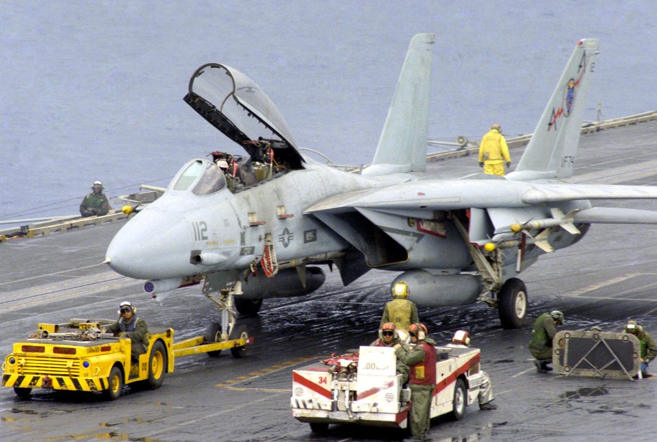 F-14A VF-74 towed on USS Saratoga (CV-60) 1986