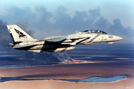 F-14B VF-143 over burning Kuwaiti oil wells 1990
