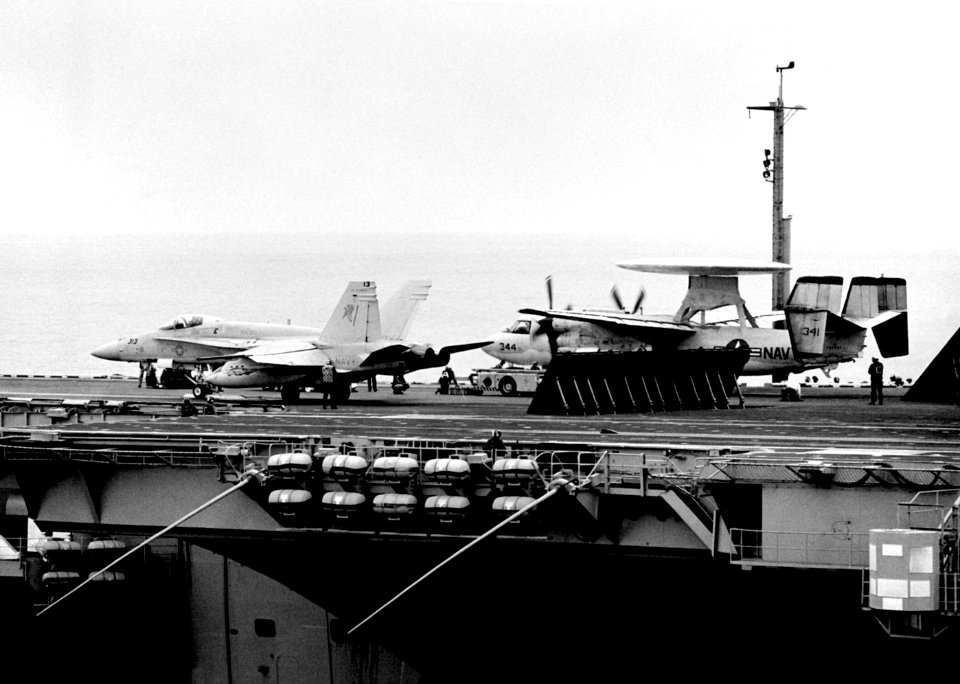 F-18A and E-2C CVWR-30 on USS Enterprise (CVN-65) 1989