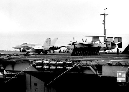 F-18A and E-2C CVWR-30 on USS Enterprise (CVN-65) 1989
