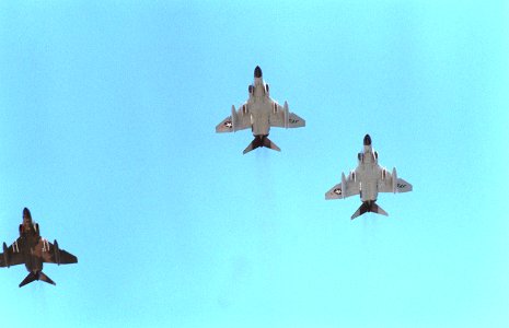F-4 Phantom II aircraft from the Hawaii Air National Guard fly in a missing man formation to honor the Unknown Serviceman of the Vietnam Era. The serviceman's casket is being placed - DPLA - 9ae3786b4c052bda4e033b9645c48496