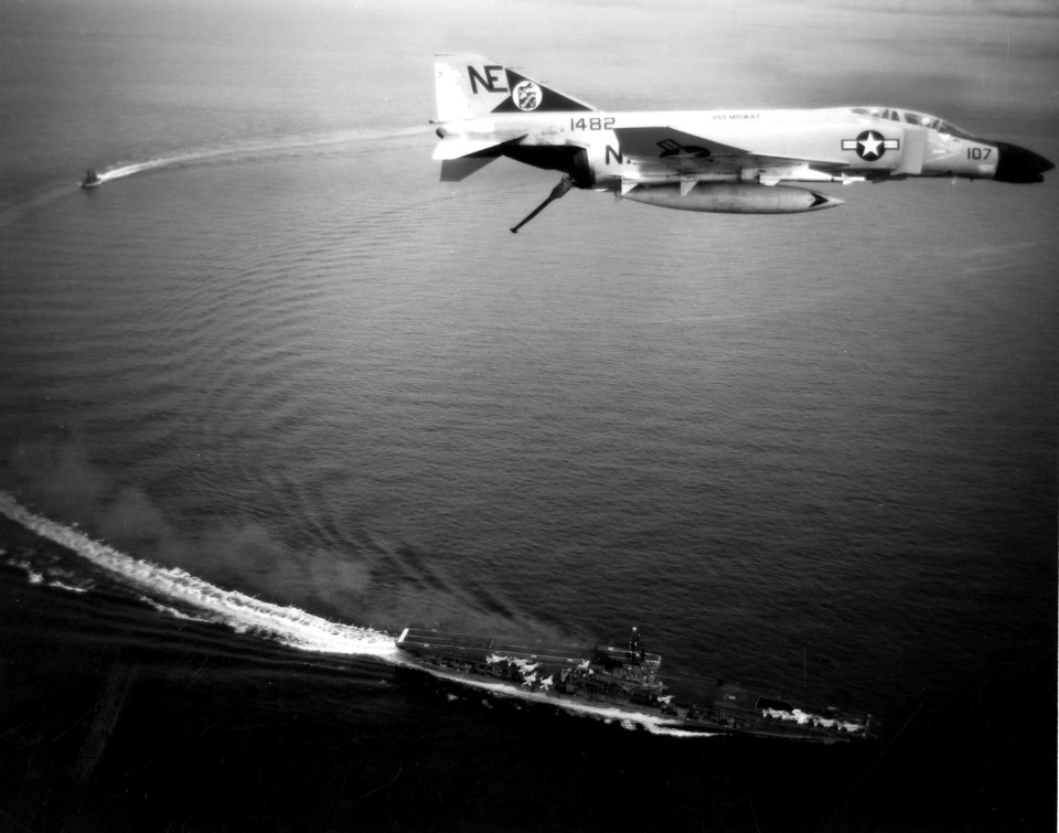 F-4B of VF-21 over USS Midway (CVA-41) off Vietnam in 1965