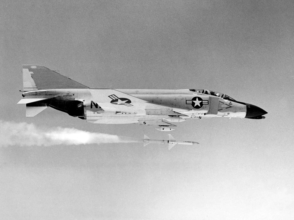 F-4B Phantom II launches AIM-7 Sparrow missile, 13 August 1964 (NNAM.1996.488.067.002)