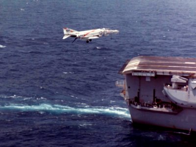 F-4B Phantom II of VF-114 lands on USS Kitty Hawk (CVA-63) on 27 April 1969 (NNAM.1996.253.7281.023)