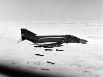 F-4B Phantom II of VF-154 drops bombs over Vietnam in February 1968