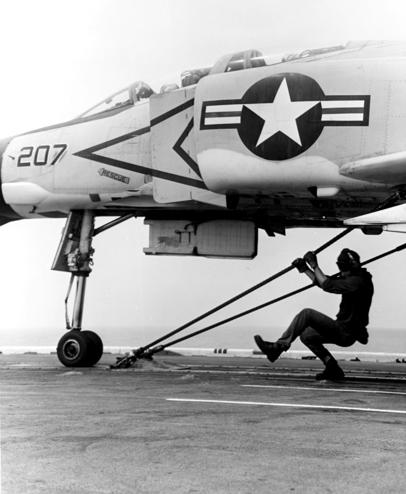 F-4B of VF-161 on catapult of USS Coral Sea (CVA-43) in December 1969