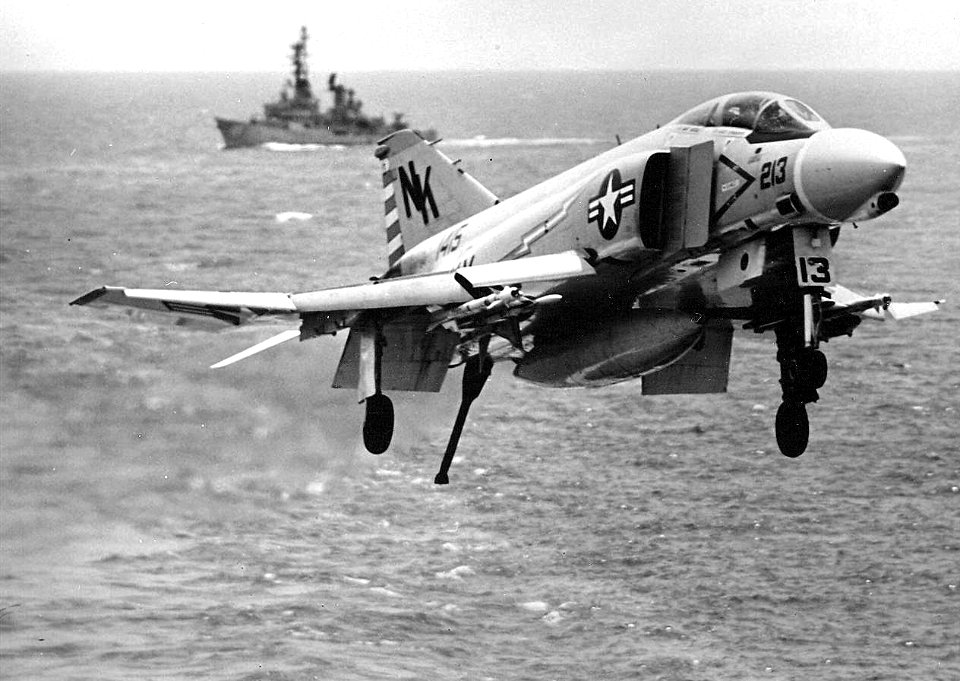 F-4B Phantom II of VF-142 approaches USS Constellation (CVA-64) on 14 August 1967 (NNAM.1996.253.7287)