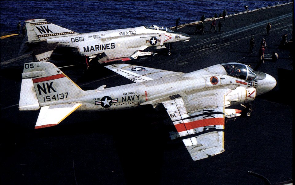 F-4N VMFA-323 and A-6E VA-196 on USS Coral Sea (CV-43) 1980