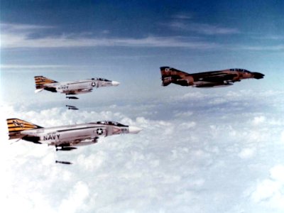 F-4D 13th TFS leads VF-151 F-4Bs on bombing mission 1971