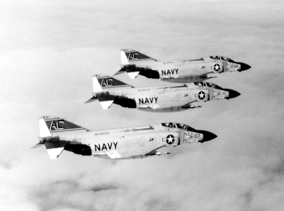 F-4J Phantom IIs of VF-31 in flight over the Mediterranean Sea c1970