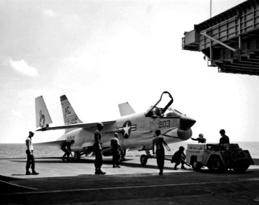 F-8B VF-32 on elevator USS Saratoga (CVA-60) 1959