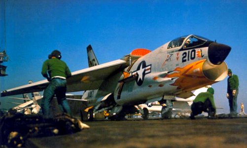 F-8C VF-84 on cat of USS Independence (CVA-62) c1963