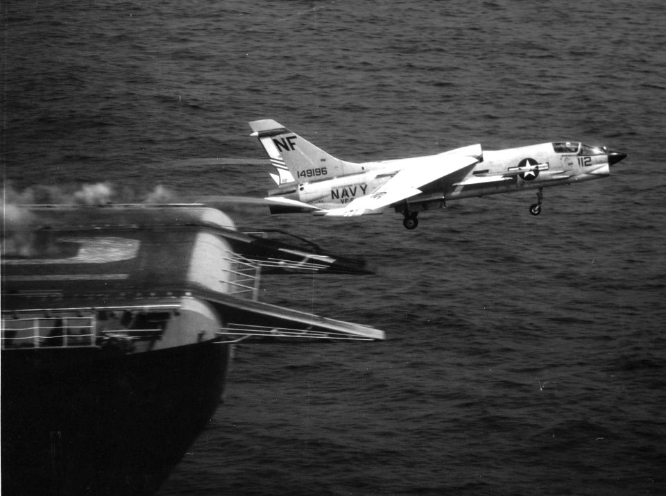 F-8J of VF-51 is launched from USS Bon Homme Richard (CVA-31) in 1970