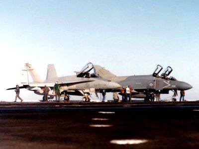F-4S of VF-302 and F-18A of VX-5 on aircraft carrier 1982
