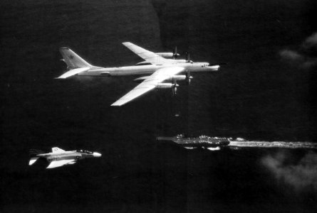 F-4N of VF-151 with Tu-95 over USS Midway (CV-41) c1975