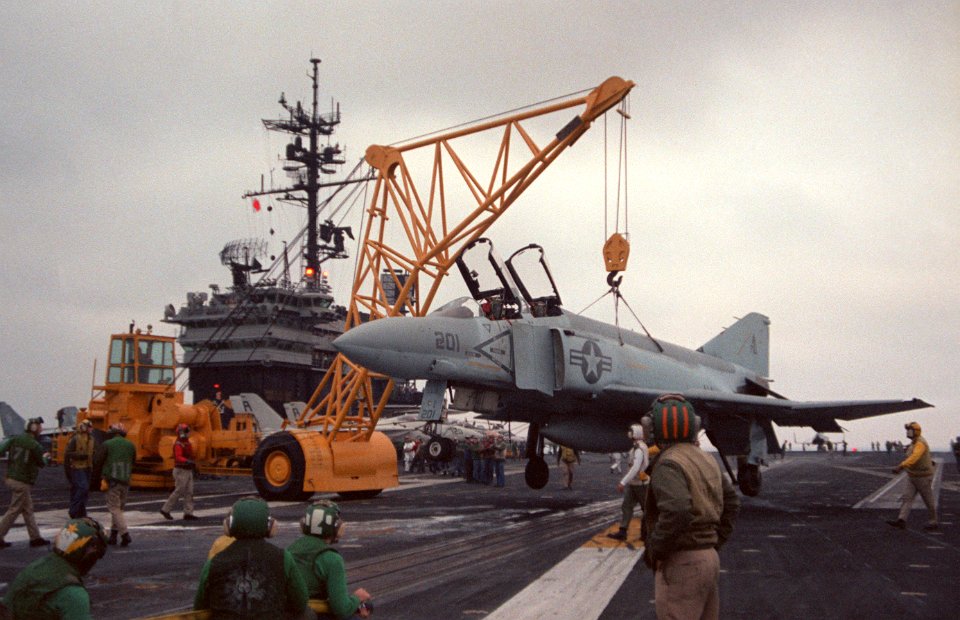 F-4S VF-171 on crane USS America (CV-66) 1984