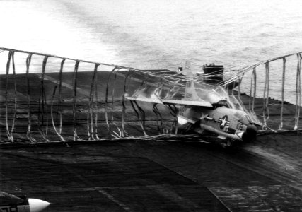 F-8E of VF-191 taking barrier on USS Ticonderoga (CVA-14) 1967