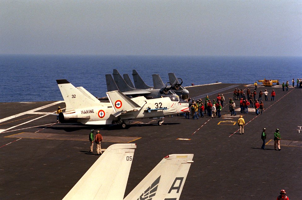 F-8E(FN) after landing on USS Eisenhower (CVN-69) 1983