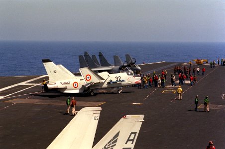 F-8E(FN) after landing on USS Eisenhower (CVN-69) 1983