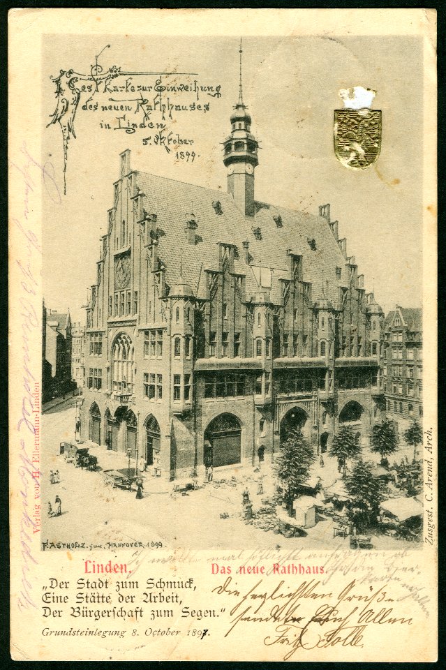 F. Astholz jun. AK 0000 1899 Linden. Das neue Rathaus. Zusgest. Carl Arend, Verlag Hermann Ellermann, Bildseite