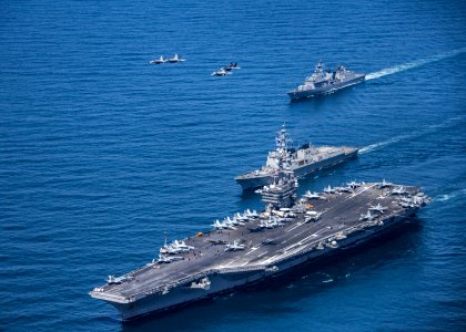 F-A-18 Hornets and Super Hornets fly over the Republic of Korea ships and USS Carl Vinson. (34449852825)