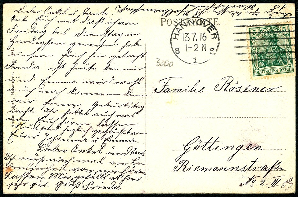 F. Astholz jun. AK 0681 Hannover Goethestraße Adressseite Frieda 1916 an Familie Rösener Göttingen Riemannstraße 2 3. Stock