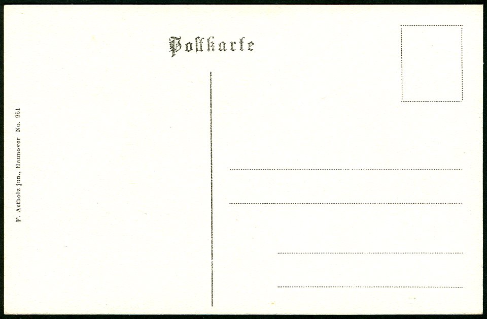 F. Astholz jun. AK 0951 Hannover, Fürstenhof, Adressseite (sogenannte „ungeteilte Rückseite“) der Postkarte mit Verlagsangaben und fortlaufender Nummer