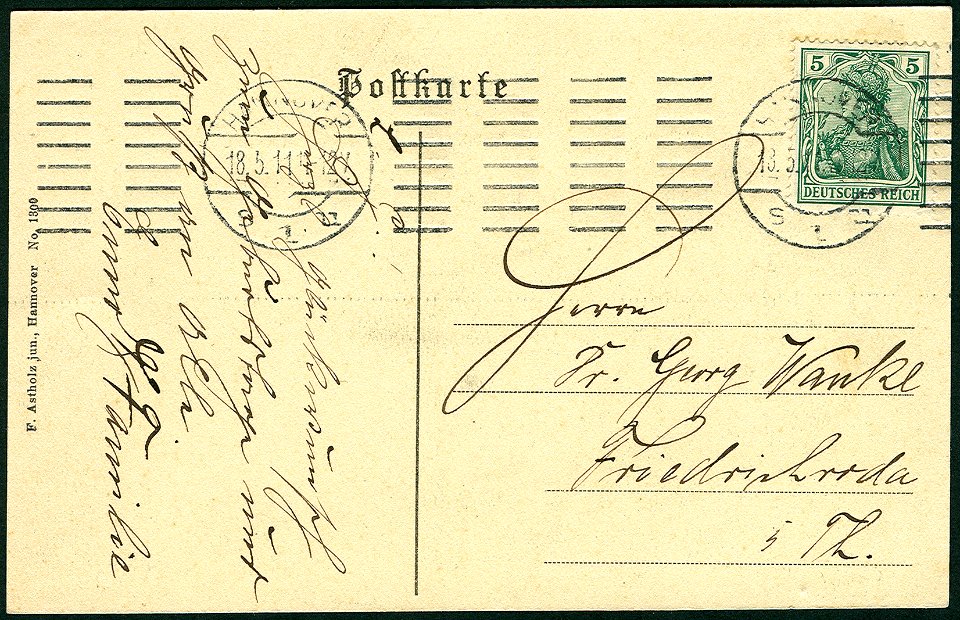 F. Astholz jun. AK 1300 Göbenstraße Ecke Robertstraße Hannover, Adressseite Dr. Georg Wanke, Friedrichroda zum Geburtstag