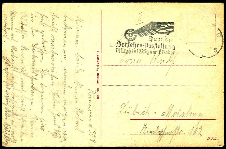 F. Astholz jun. AK 1791 Hannover. Schillerstraße. Adressseite Willy 1925 an Erna Wulf in Lübeck-Moisling ... Deutsche Verkehrs-Ausstellung München