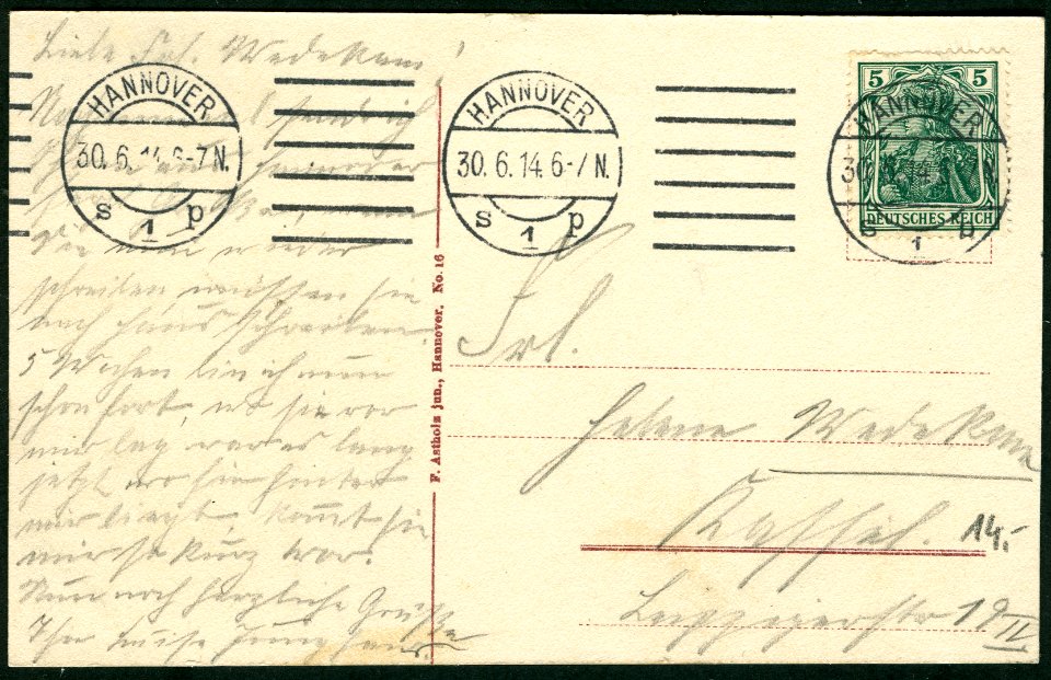 F. Astholz jun. AK 0016 Hannover - Markuskirche, Walderseestraße, Adressseite an ... in Kassel, Leipziger Straße 19 IV