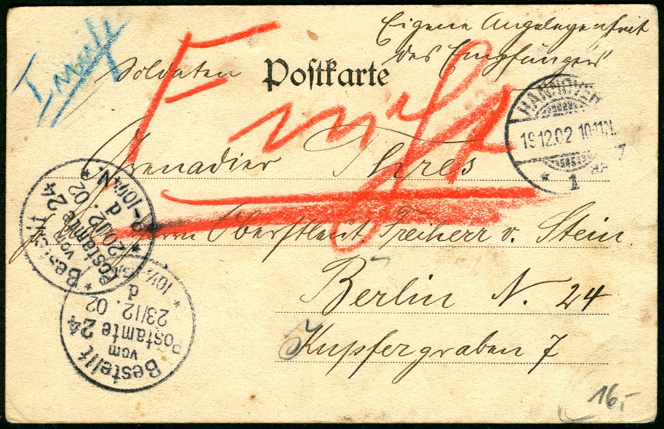 F. Astholz jun. AK 0275 Hannover. Ferdinandstrasse, Adressseite 1902 an Grenadier Karl Thres bei Herrn Oberstleutnant von Stein, Berlin N. 24, Kupfergraben 7