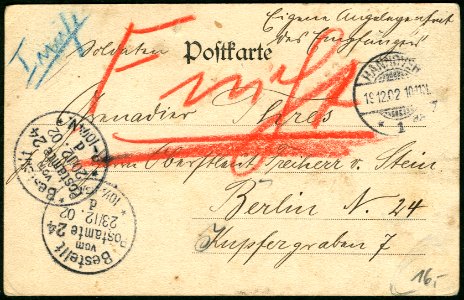 F. Astholz jun. AK 0275 Hannover. Ferdinandstrasse, Adressseite 1902 an Grenadier Karl Thres bei Herrn Oberstleutnant von Stein, Berlin N. 24, Kupfergraben 7