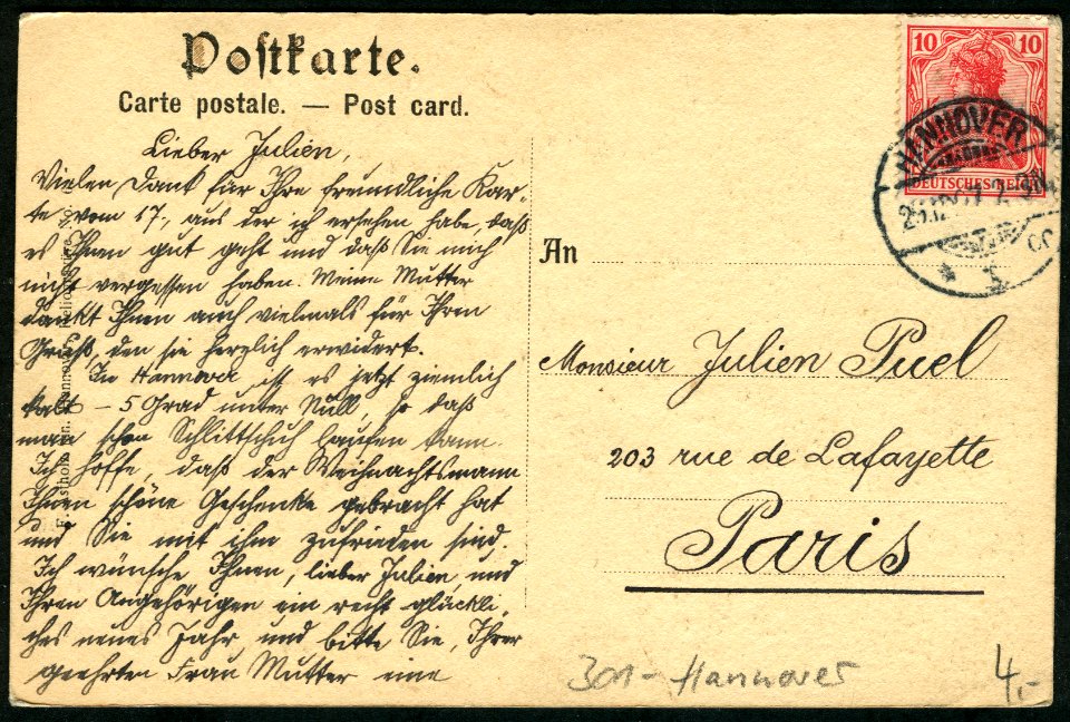 F. Astholz jun. AK 0006 Hannover. Adressseite an Monsiieur Julien Puel, 203 rue de Lafyette, Paris