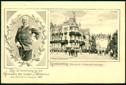 F. Astholz jun. AK, Hannover. Villa an der Hohenzollernstrasse. Zur Erinnerung an die Heimkehr des Grafen von Waldersee aus China im August 1901, Bildseite mit Verlagsangaben und Datum