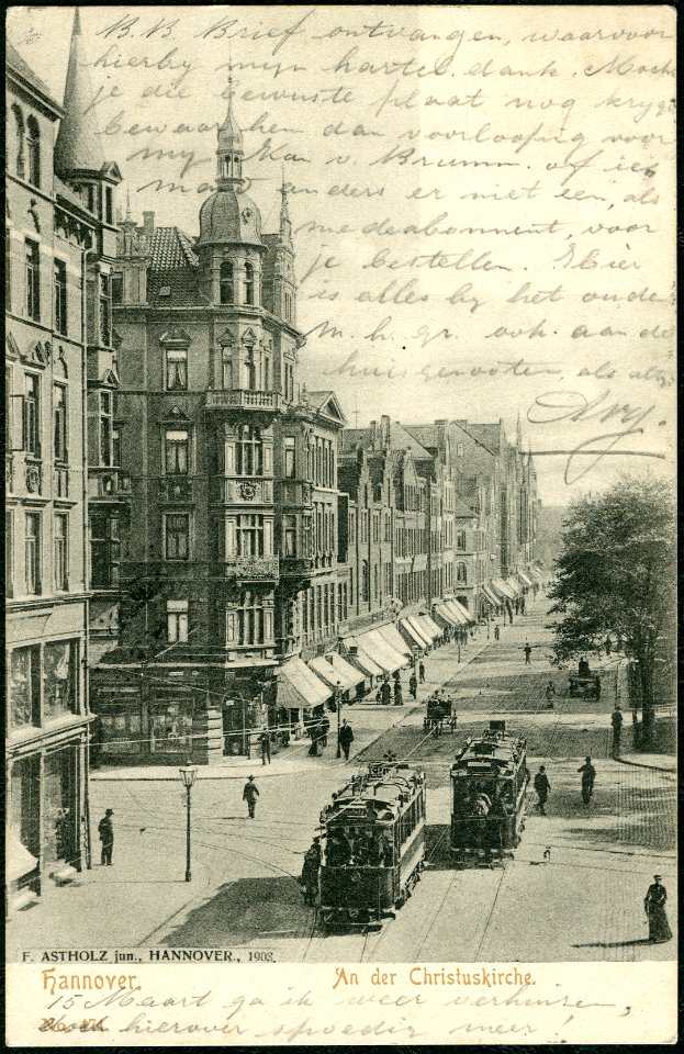 F. Astholz jun. AK 0474 Hannover. An der Christuskirche Bildseite Straßenbahn-Kreuz Engelbosteler Damm Gustav-Adolf-Straße Blick Richtung Klagesmarkt, 1903
