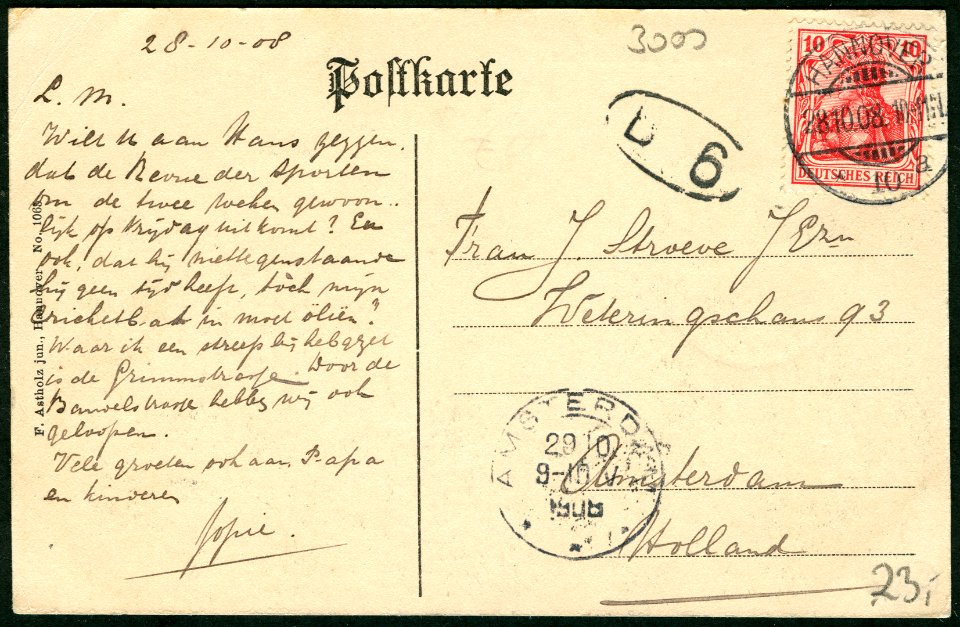 F. Astholz jun. AK 1065 Hannover, Bandelstraße, Adressseite an Frau J. Stroeve, Weteringschau 93, Amsterdam