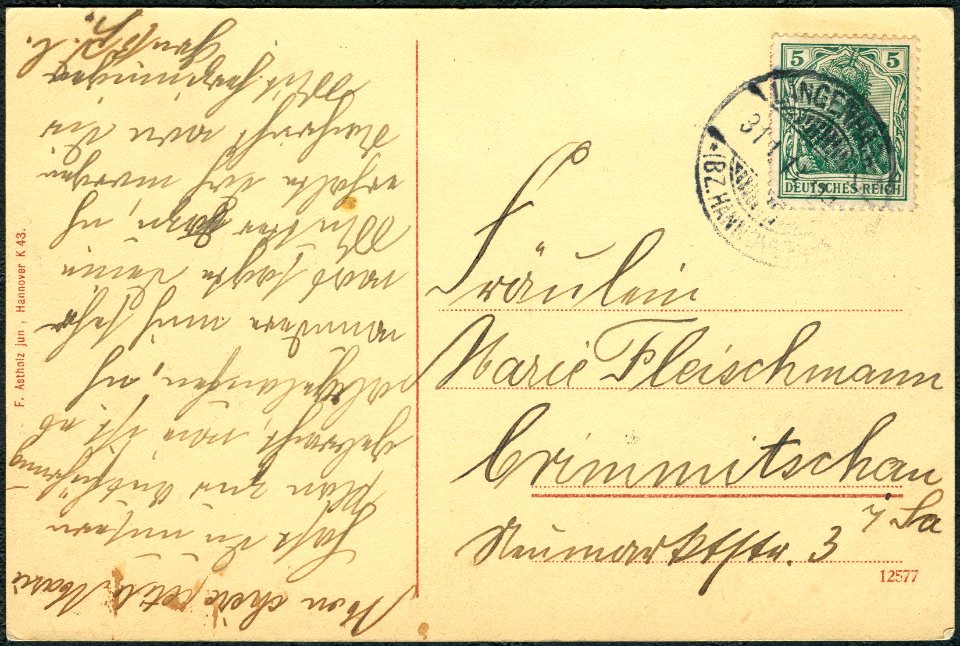 F. Astholz jun. AK K 043 Hannover. Partie an der Georgstraße, Haus Friedrich-Wilhelm, Adressseite