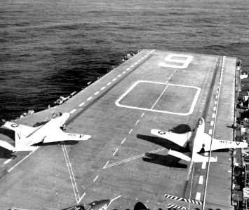 F2H-3 Banshees of VF-114 are launched from USS Essex (CVA-9), circa in 1956