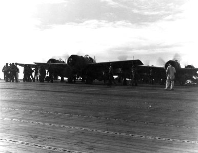 F4F Wildcats launch from USS Wasp (CV-7) in August 1942
