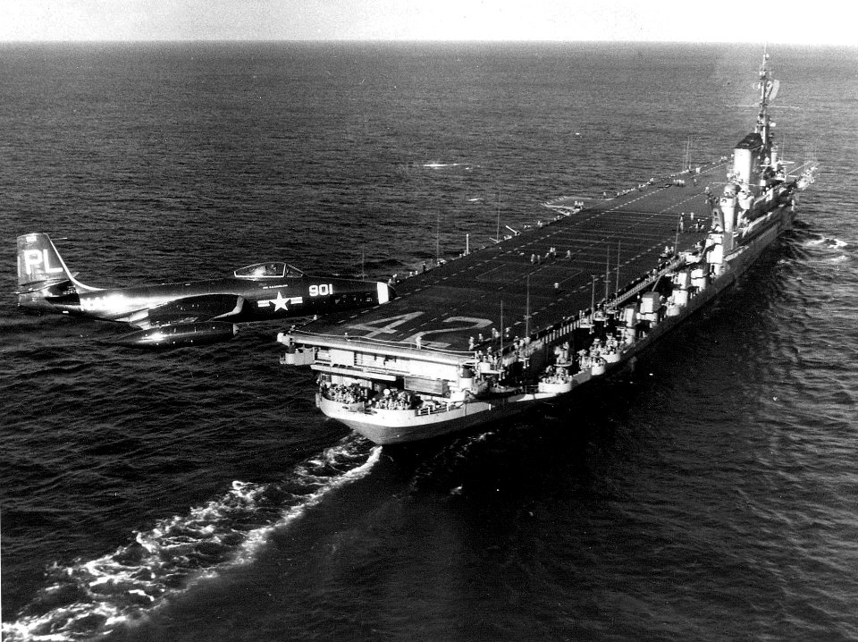 F2H-2P Banshee of VC-62 in flight over USS Franklin D. Roosevelt (CVA-42) on 27 January 1953 (NNAM.1996.253.7244.020)
