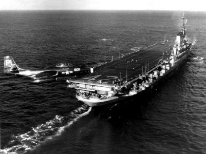 F2H-2P Banshee of VC-62 in flight over USS Franklin D. Roosevelt (CVA-42) on 27 January 1953 (NNAM.1996.253.7244.020)