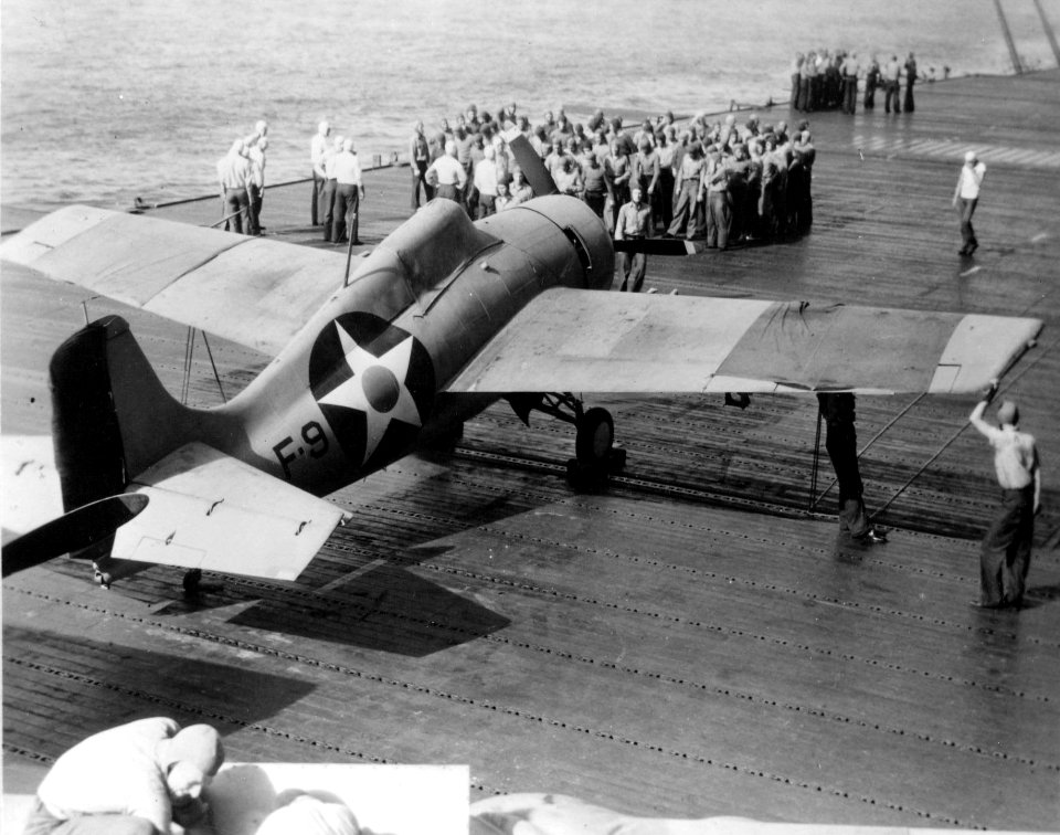 F4F-3 with covered insignias on USS Enterprise (CV-6) 1942