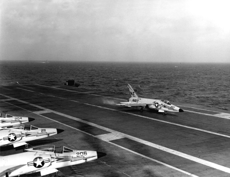 F11F VF-33 landing on USS Intrepid (CVA-11) 1959