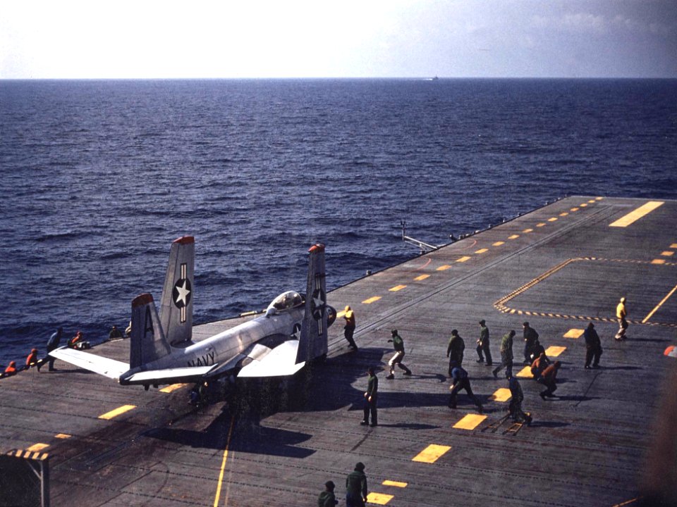 F2H-3 of VF-141 on cat of USS Randolph (CVA-15) 1954