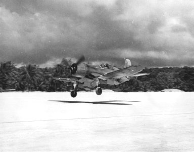 F4U-1 Corsair aircraft of VMF-214 taking of at Espiritu Santo