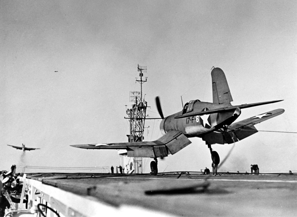 F4U-1 VF-17 landing on USS Charger (CVE-30) 1943