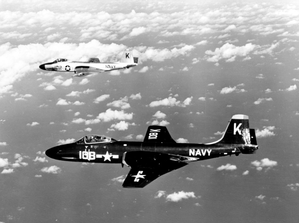F2H-3 Banshees of VF-31 in flight over the Mediterranean Sea in January 1954