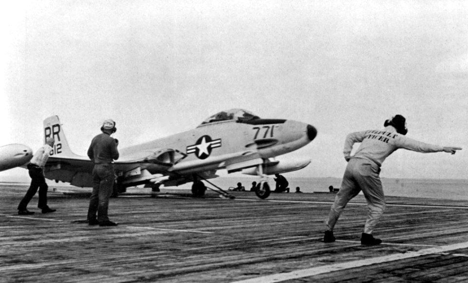 F2H-4 of VAW-11 launching from USS Hornet (CVS-12) 1959