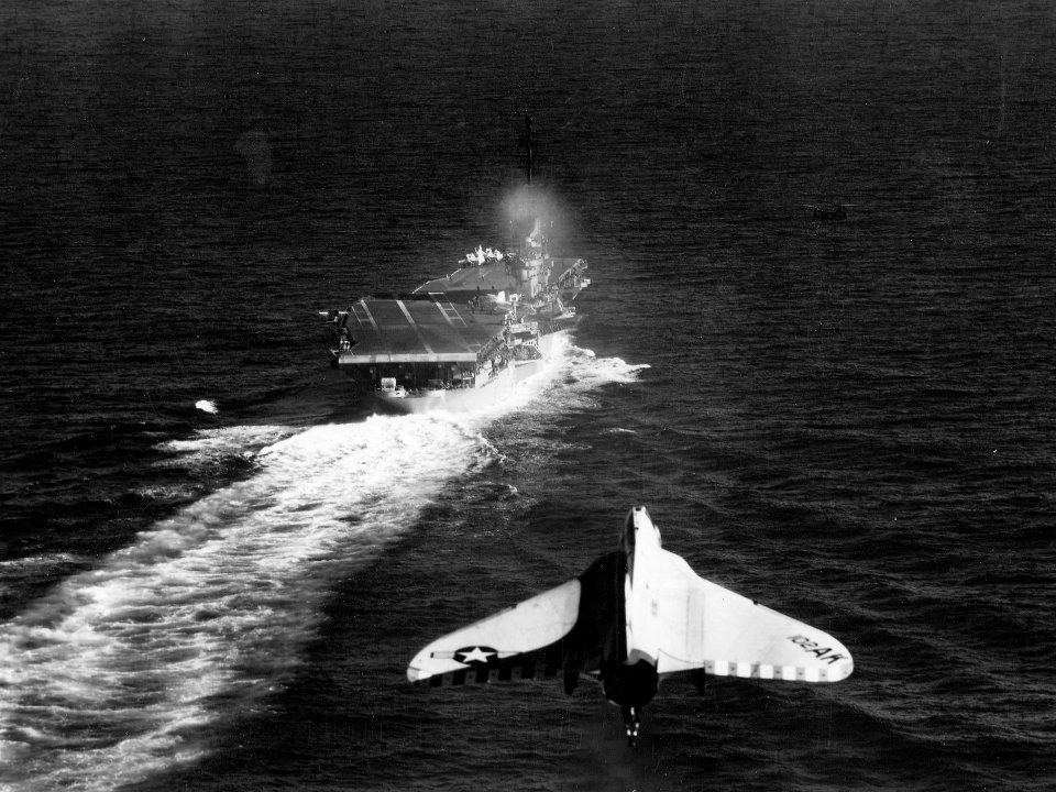 F4D-1 Skyray of VF-13 approaching USS Essex (CVA-9), circa in 1959 (NNMA.1996.253.7325.006)
