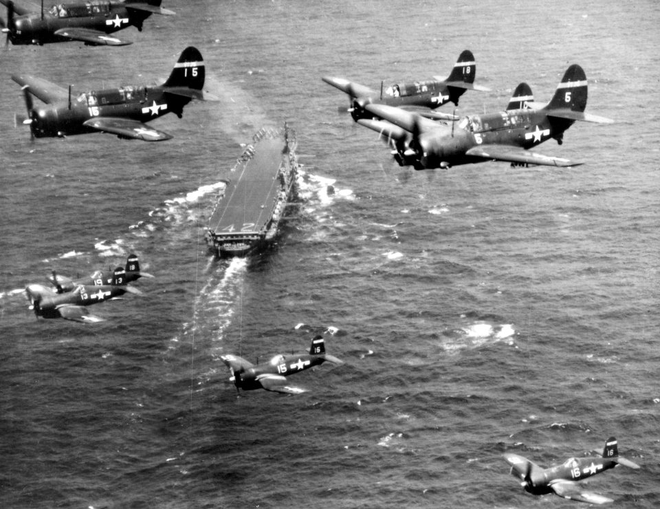 F4Us and SB2Cs CVBG-75 over CVB-42 1946